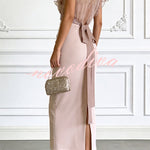 Sheer High-Neck Ruffle Sleeve Back Tie-up Top and Slip Ruched Midi Dress Two Pieces Set