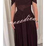 Maguire Chiffon Ruched Floral Lace Patchwork Off Shoulder Drape Gown Maxi Dress