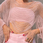 Sparkling Rhinestone Embellished Drape Tassel Batwing Sleeve Loose Crop Cover-up