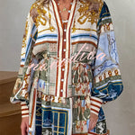 Palace Style Linen Blend Unique Print Button Balloon Sleeve Tie-up Shirt Mini Dress