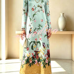 Cecilia Satin Colorful Baroque Style Printed Long Sleeve Feather Trim Maxi Dress