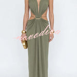 Athena Metal-Link Cutout Design Back Lace-up Drape Maxi Dress