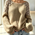 Faux Mink Knit Crochet Flowers Shoulder Wide Neck Long Sleeve Loose Sweater