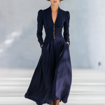 Stylish Elegant Button-decorated V-neck Long-sleeved Maxi Dress