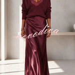 Velma Ribbed Knit V-neck Long Sleeve Relaxed Sweater and Satin Slip Midi Dress