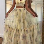 Vita Floral Satin Bow Lace Back Lace-up Crop Tank and Tulle High Rise A-line Maxi Skirt Set