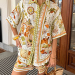 Tropical Vegetation Print Loose Button Elastic Waist Shorts Set