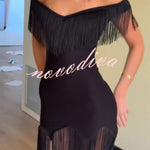 Solid Color V-neck Off-shoulder Slim-fit Tassel Mini Dress