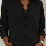 Solid Color Ruffled V-neck Long-sleeved Loose Casual Shirt