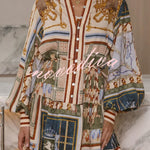 Palace Style Linen Blend Unique Print Button Balloon Sleeve Tie-up Shirt Mini Dress