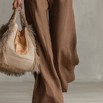Classic Piped Brown Cotton And Linen Vest And Wide-leg Trousers Set