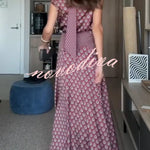 Dalena Satin Art Print High Tie-up Neck Short Sleeve Top and High Rise Maxi Skirt Set