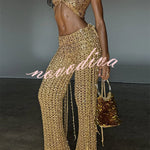 Gold Coast Knit Sequin Fabric Short Sleeve Crop Top and Adjustable Beaded Waist Loose Pants Set