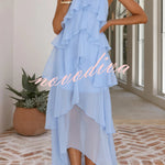 Solid Color Chiffon Halter Neck Elegant Ruffle Maxi Dress