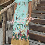 Mezcal Satin Floral Print Contrast Color Printed Short Sleeve Pocket Feather Trim Maxi Dress