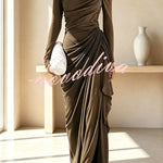 Elegant High Neck Long Sleeve Pleated Draped Fitted Maxi Dress