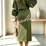 Linen Blend Flowers Buttons Floral Cuffs Sleeve Top and Elastic Waist Pocket Midi Skirt Set
