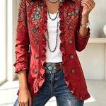 Stylish and Unique Printed Ruffle Trim Button-down Long Sleeve  Jacket
