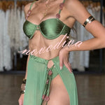 Colored Stones Detail Straps Elastic Bikini and Tulle Lace-up Waist Cover-up Maxi Skirt Three-piece Set