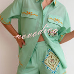 Linen Blend Loose-fitting Short-sleeved Button-down Shirt and Casual Pocket Shorts Set