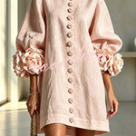 Rima Linen Blend Flowers Button Down Floral Cuffs Half Sleeve Mini Dress
