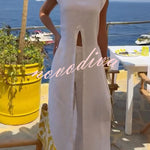 Elegant Resort Linen Blend Stand Neck Front Slit Midi Top and Elastic Waist Loose Pants Set