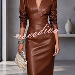 Faux PU Leather V-Neck Long Sleeve Stretch Pencil Midi Dress