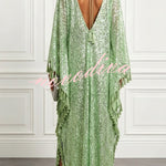Gianna Sequin Deep V-neck Batwing Sleeve Fringed Trim Slit Gown Maxi Dress