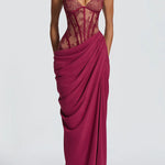 Bonita Floral Lace Contrast Structural Detail Asymmetrical Pleats Halter Slit Maxi Dress