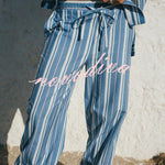 Althea Striped Print Lace-up Neck Long Sleeve Top and Elastic Waist Pocket Lantern Pants Set