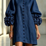 Rima Linen Blend Flowers Button Down Floral Cuffs Half Sleeve Mini Dress