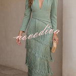 Elegant Night V-Neck Long Sleeve Layered Tassel Hem Maxi Dress