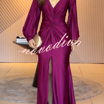 Raise A Toast Satin Long Balloon Sleeve Twist Waist Slit Maxi Dress