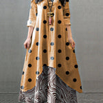 Women Long Sleeve Double Layers Button Asymmetric Vintage Maxi Dress