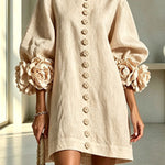 Rima Linen Blend Flowers Button Down Floral Cuffs Half Sleeve Mini Dress