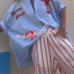Piper Unique Lobster Ocean Embroidery Pattern Half Sleeve Oversized Shirt
