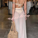 Colored Stones Detail Straps Elastic Bikini and Tulle Lace-up Waist Cover-up Maxi Skirt Three-piece Set