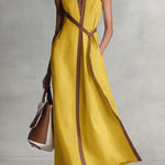 Linen Blend Color-blocked Edging V-neck Sleeveless Loose Maxi Dress