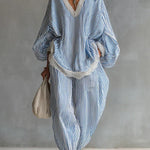 Striped Printed V-neck Lantern Sleeve Lace-trimmed Loose Top and Elastic Waist Casual Wide-leg Pants Set