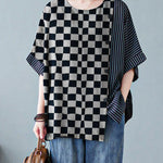 Novelty Black O-Neck Striped Patchwork Button Cotton T Shirts Half Sleeve
