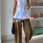 Devon Lapel Button Up Sleeveless Pleated Waist Flare Hem Shirt