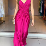 Glow Together Satin Knot Design Shoulder Strap Sleeveless Drape Slit Maxi Dress