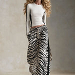 Casual Retro Black And White Color-Blocked Zebra Print Cotton Faux Suede Trim Pants