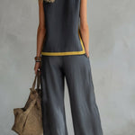 Linen Blend Color-blocked Round Neck Sleeveless Loose Top and Elastic Waist Casual Pocket Wide-leg Pants Set