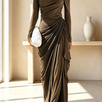 Elegant High Neck Long Sleeve Pleated Draped Fitted Maxi Dress