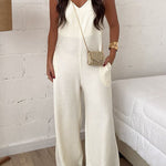 Elaris Linen Blend V-neck Tie-up Waist Pocketed H-line Wide Leg Jumpsuit