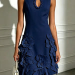 Delicate Silhouette Pearl Trim Cutout Neck Sleeveless 3D Florals Hem Mini Dress