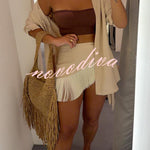 Sorena Linen Blend Button Up Long Sleeve Midi Blouse and Tassel Trim Warp Cover-up Mini Dress Set