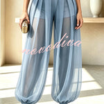 Semi-sheer Mesh Solid Color Mid Rise Patchwork Loose Lantern Pants