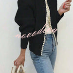 Elegant Chic Knit Pearls Trim Long Sleeve Relaxed Cardigan